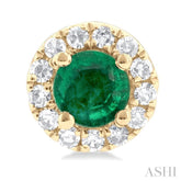 3.25 MM Round Emerald and 1/10 Ctw Single Cut Diamond Halo Precious Stud Earrings in 10K Yellow Gold